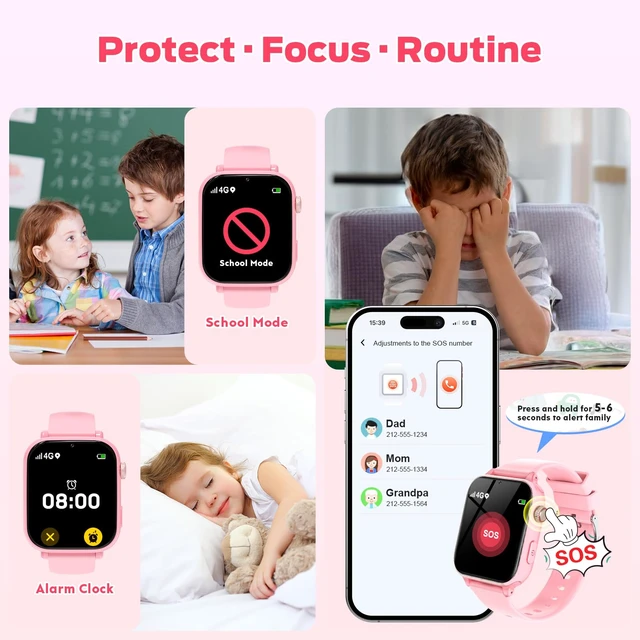 Alt view image 5 of 7 - 4G Kids Smart Watch with GPS Tracker, Video Call & Texting, Smart Watch for Kids with SIM Card, SOS, School Mode, HD Camera, Pedometer, Kid Watch Gift for Boys Girls Age 4-12, Pink