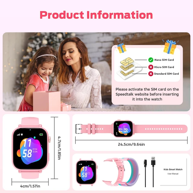 Alt view image 7 of 7 - 4G Kids Smart Watch with GPS Tracker, Video Call & Texting, Smart Watch for Kids with SIM Card, SOS, School Mode, HD Camera, Pedometer, Kid Watch Gift for Boys Girls Age 4-12, Pink
