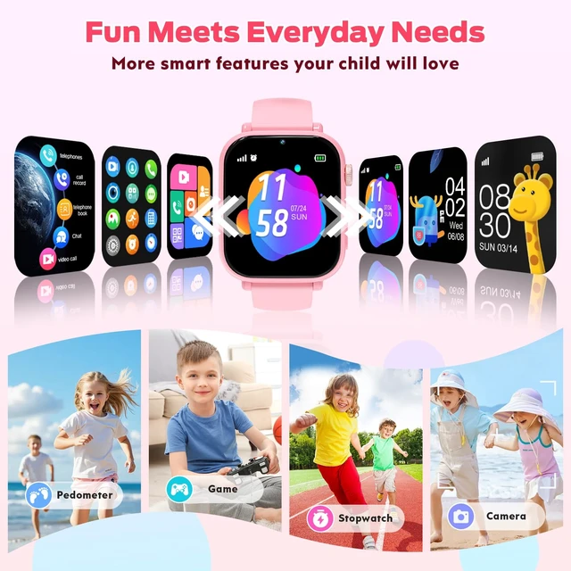 Alt view image 6 of 7 - 4G Kids Smart Watch with GPS Tracker, Video Call & Texting, Smart Watch for Kids with SIM Card, SOS, School Mode, HD Camera, Pedometer, Kid Watch Gift for Boys Girls Age 4-12, Pink