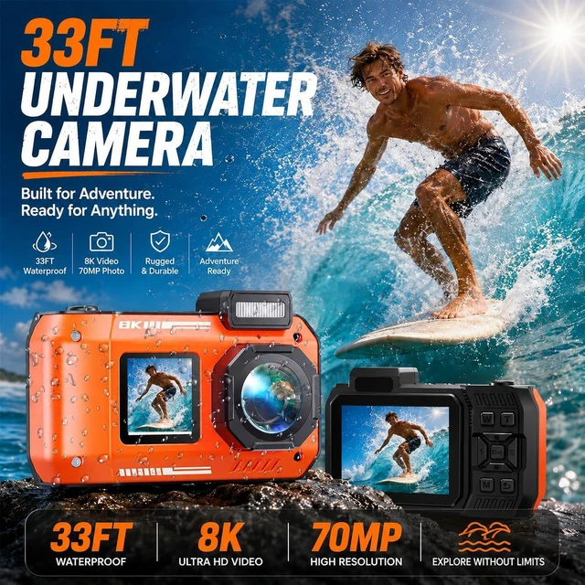 Alt view image 2 of 7 - D50 8K Underwater Digital Camera - 70MP 33FT Waterproof Camera with 64GB Card for Snorkeling 18X Floatable Dual-Screen Selfie 2500mAh Battery Point and Shoot (Orange)