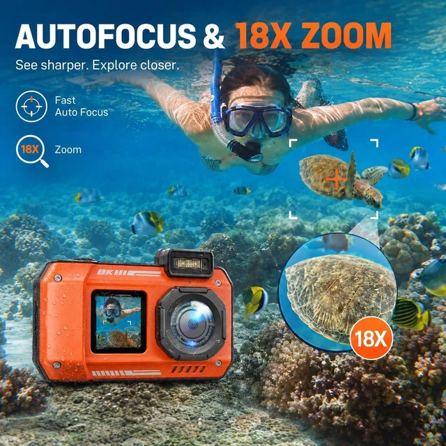 Alt view image 5 of 7 - D50 8K Underwater Digital Camera - 70MP 33FT Waterproof Camera with 64GB Card for Snorkeling 18X Floatable Dual-Screen Selfie 2500mAh Battery Point and Shoot (Orange)