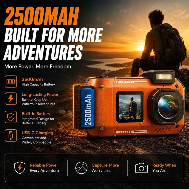 Alt view image 6 of 7 - D50 8K Underwater Digital Camera - 70MP 33FT Waterproof Camera with 64GB Card for Snorkeling 18X Floatable Dual-Screen Selfie 2500mAh Battery Point and Shoot (Orange)