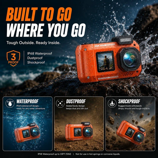 Alt view image 7 of 7 - D50 8K Underwater Digital Camera - 70MP 33FT Waterproof Camera with 64GB Card for Snorkeling 18X Floatable Dual-Screen Selfie 2500mAh Battery Point and Shoot (Orange)