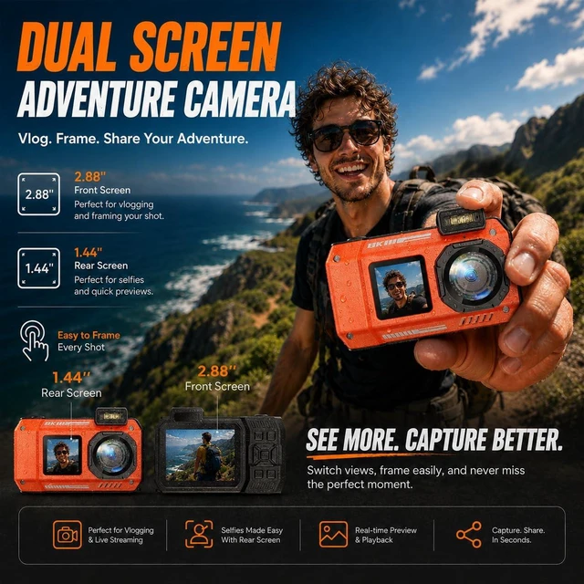 Alt view image 3 of 7 - D50 8K Underwater Digital Camera - 70MP 33FT Waterproof Camera with 64GB Card for Snorkeling 18X Floatable Dual-Screen Selfie 2500mAh Battery Point and Shoot (Orange)