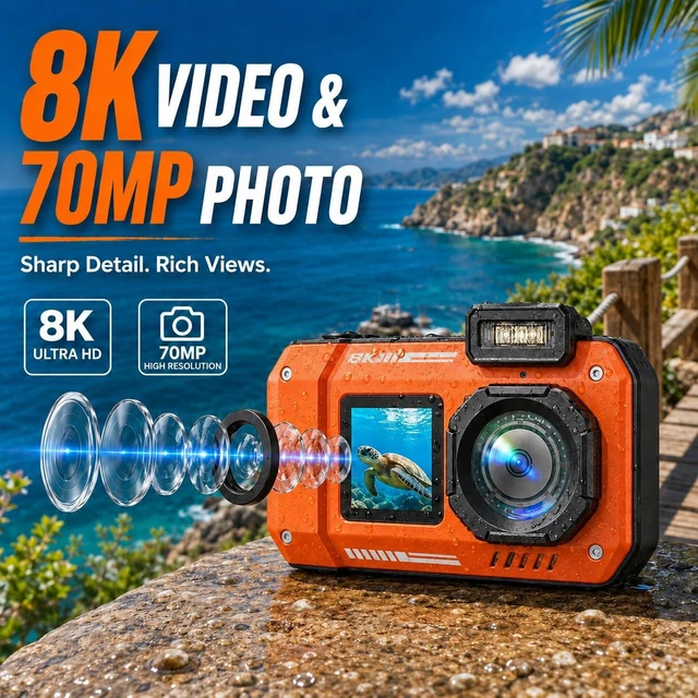 Alt view image 4 of 7 - D50 8K Underwater Digital Camera - 70MP 33FT Waterproof Camera with 64GB Card for Snorkeling 18X Floatable Dual-Screen Selfie 2500mAh Battery Point and Shoot (Orange)
