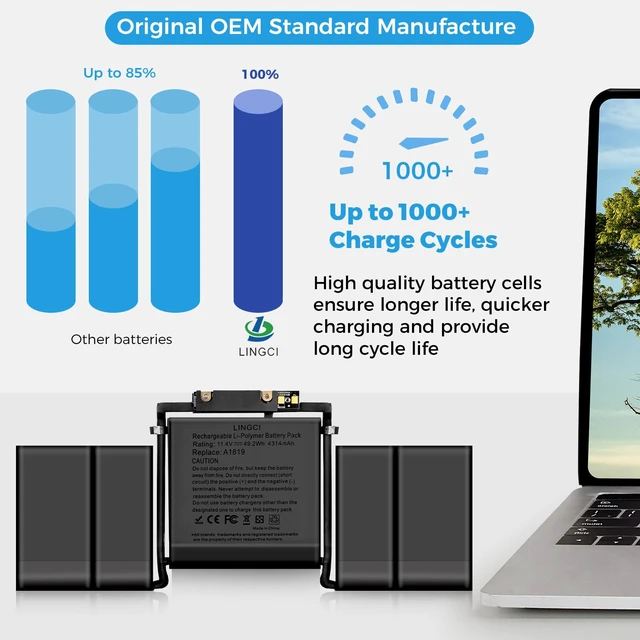 Alt view image 2 of 7 - A1706 Battery, A1819 Battery Replacement for MacBook Pro 13 inch A1706 Late 2016 Mid 2017 Touch Bar Version EMC 3071 3163 (Upgraded High Performance 4314mAh 11.41V 49.2Wh Li-Polymer)