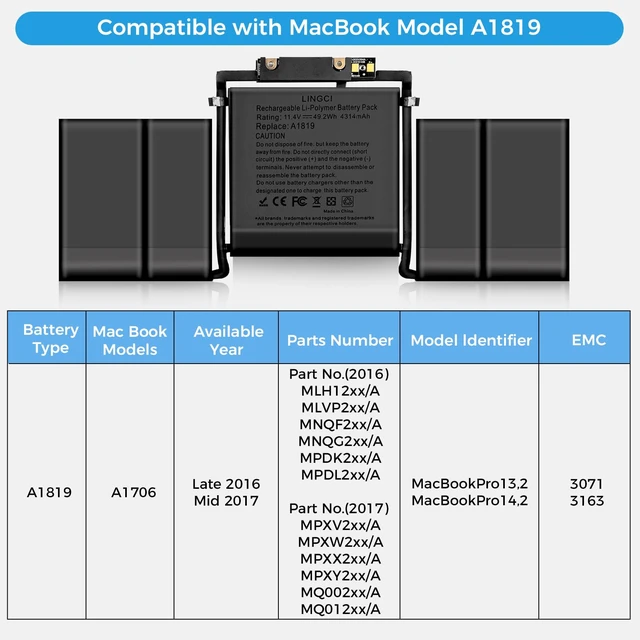 Alt view image 3 of 7 - A1706 Battery, A1819 Battery Replacement for MacBook Pro 13 inch A1706 Late 2016 Mid 2017 Touch Bar Version EMC 3071 3163 (Upgraded High Performance 4314mAh 11.41V 49.2Wh Li-Polymer)