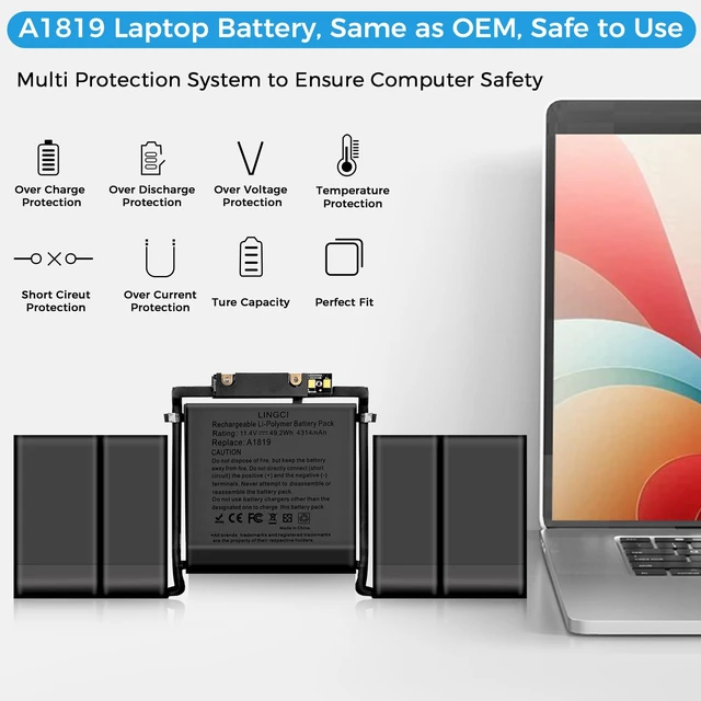 Alt view image 4 of 7 - A1706 Battery, A1819 Battery Replacement for MacBook Pro 13 inch A1706 Late 2016 Mid 2017 Touch Bar Version EMC 3071 3163 (Upgraded High Performance 4314mAh 11.41V 49.2Wh Li-Polymer)