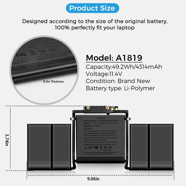 Alt view image 5 of 7 - A1706 Battery, A1819 Battery Replacement for MacBook Pro 13 inch A1706 Late 2016 Mid 2017 Touch Bar Version EMC 3071 3163 (Upgraded High Performance 4314mAh 11.41V 49.2Wh Li-Polymer)
