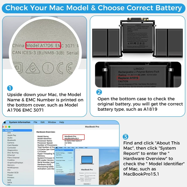 Alt view image 6 of 7 - A1706 Battery, A1819 Battery Replacement for MacBook Pro 13 inch A1706 Late 2016 Mid 2017 Touch Bar Version EMC 3071 3163 (Upgraded High Performance 4314mAh 11.41V 49.2Wh Li-Polymer)