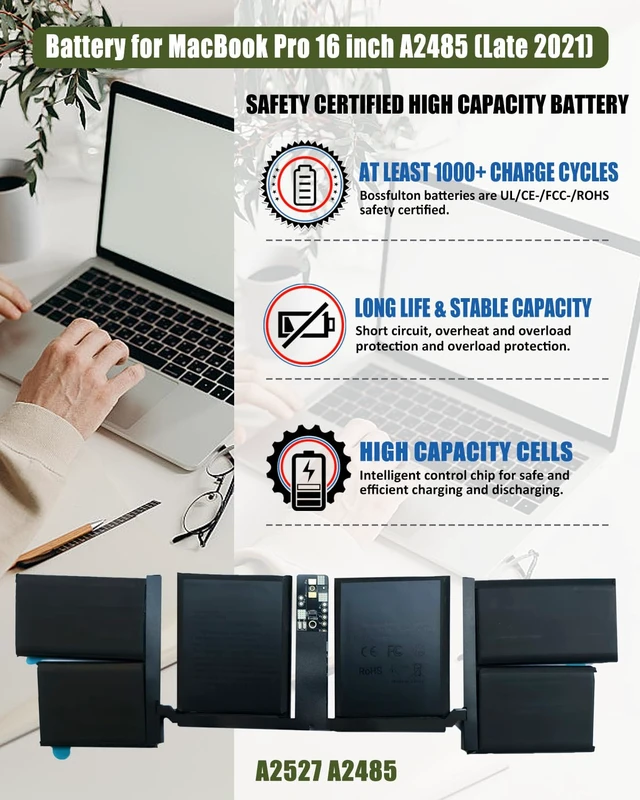 Alt view image 2 of 7 - A2485 A2527 Battery for MacBook Pro 16 inch (Late 2021) A2485 EMC3651 A2485 Battery for - MK183LL/A MK193LL/A MK1A3LL/A MK1E3LL/A MK1F3LL/A MK1H3LL/A Series (11.45V 99.6Wh 8693mAh)