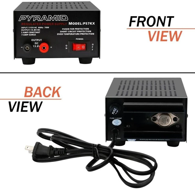Alt view image 2 of 6 - Universal Compact Bench Power Supply - 5 Amp Linear Regulated Home Lab Benchtop AC-to-DC 12V Converter w/ 13.8 Volt DC 115V AC 70 Watt Power Input, Screw Type Terminals, Cooling Fan - PS7KX