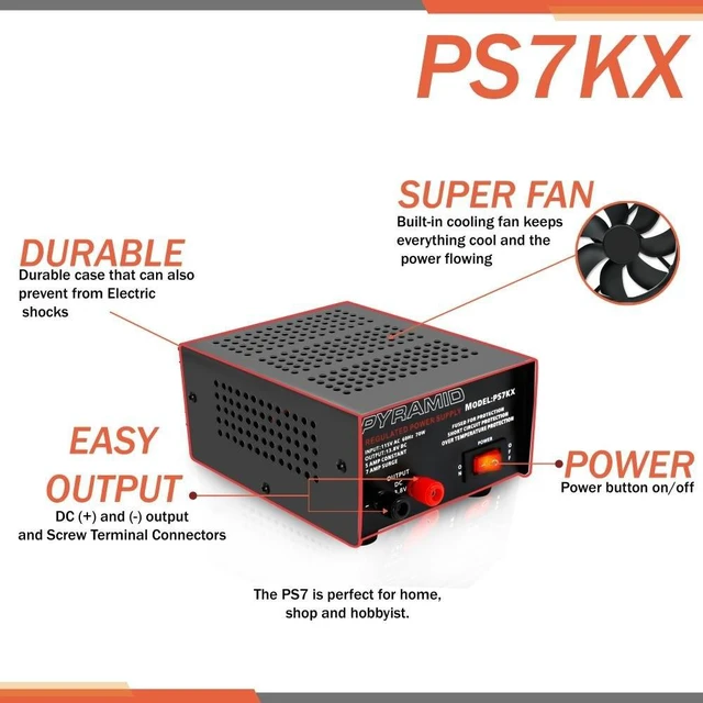 Alt view image 3 of 6 - Universal Compact Bench Power Supply - 5 Amp Linear Regulated Home Lab Benchtop AC-to-DC 12V Converter w/ 13.8 Volt DC 115V AC 70 Watt Power Input, Screw Type Terminals, Cooling Fan - PS7KX
