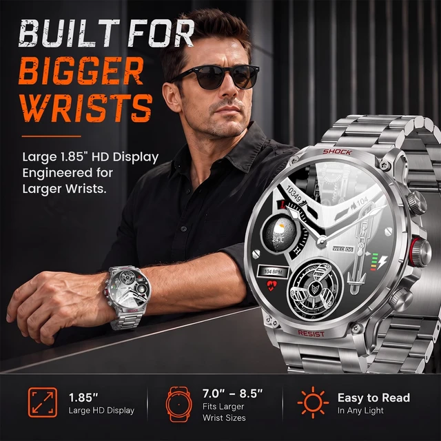 Alt view image 2 of 7 - Military Rugged Smart Watches for Men, 1.85" HD Tactical Fitness Tracker Answer/Make Calls, 710mAh Battery, 100+ Sports Modes, Heart Rate/SpO2/Sleep Monitor, IP67 Waterproof, for Android iOS
