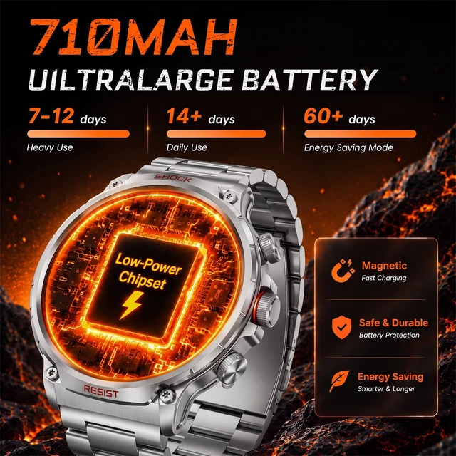 Alt view image 4 of 7 - Military Rugged Smart Watches for Men, 1.85" HD Tactical Fitness Tracker Answer/Make Calls, 710mAh Battery, 100+ Sports Modes, Heart Rate/SpO2/Sleep Monitor, IP67 Waterproof, for Android iOS