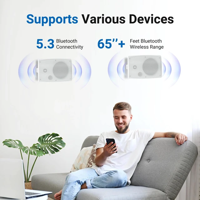 Alt view image 2 of 7 - 5.25 Inches 300 Watts Outdoor Bluetooth Speakers, Bluetooth 5.3,TWS Stereo Paring,Wall Mount Speaker System Waterproof Suitable for Patio Home Poolside Deck Backyard (Pair, White)