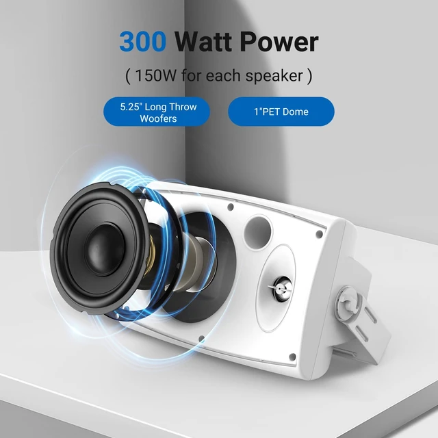 Alt view image 4 of 7 - 5.25 Inches 300 Watts Outdoor Bluetooth Speakers, Bluetooth 5.3,TWS Stereo Paring,Wall Mount Speaker System Waterproof Suitable for Patio Home Poolside Deck Backyard (Pair, White)