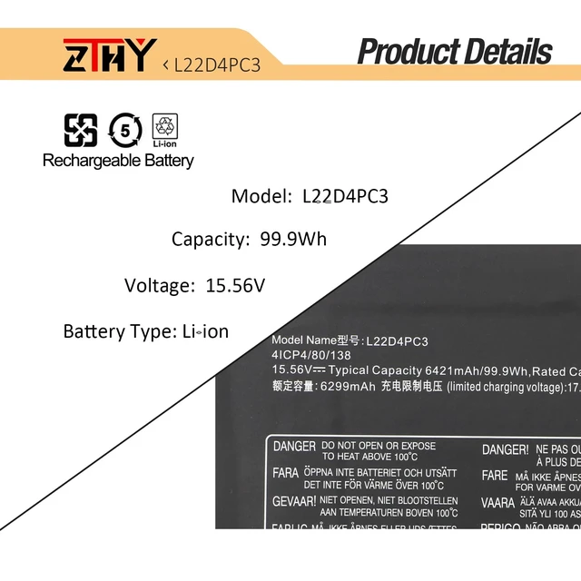 Alt view image 3 of 7 - L22C4PC3 L22M4PC3 Laptop Battery Replacement for Lenovo Legion S7 16IRH8 Legion S7 16APH8 / Legion 9 16IRX8/ Legion 9 16IRX9 Series L22D4PC3 5B11K39157 5B11K39160 SB11K39158 SB11K39159 15.56V 99.9Wh