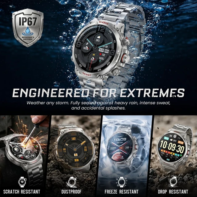 Alt view image 6 of 7 - Military Rugged Smart Watches for Men, 1.85" HD Tactical Fitness Tracker Answer/Make Calls, 710mAh Battery, 100+ Sports Modes, Heart Rate/SpO2/Sleep Monitor, IP67 Waterproof, for Android iOS