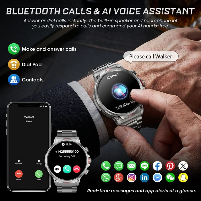 Alt view image 7 of 7 - Military Rugged Smart Watches for Men, 1.85" HD Tactical Fitness Tracker Answer/Make Calls, 710mAh Battery, 100+ Sports Modes, Heart Rate/SpO2/Sleep Monitor, IP67 Waterproof, for Android iOS