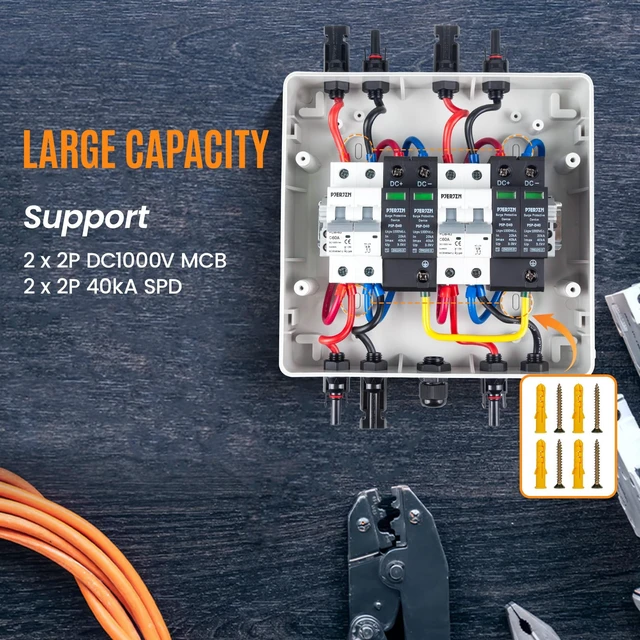 Alt view image 6 of 7 - Solar Disconnect Switch with SPD Surge Protector 1000V DC 60A Solar PV Combiner Box Power Distribution Box for Solar Panels 2 in 2 Out (60A, HT8 2string)