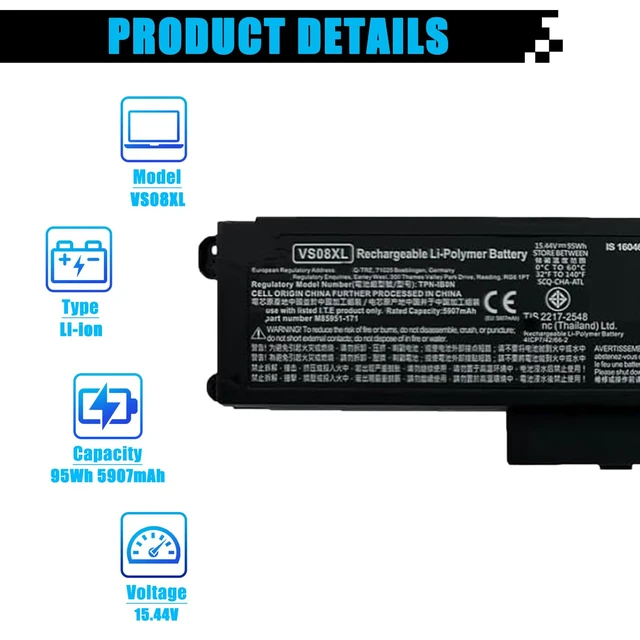 Alt view image 2 of 7 - VS08XL M86087-005 Laptop Battery Replacement for HP ZBook Fury 16 G9 ZBook Fury 16 G10 ZBook Fury 16 G11 Mobile Workstation Series TPN-IB0N M85951-171 TPN-DB1F M85951-271 M86087-001 95Wh