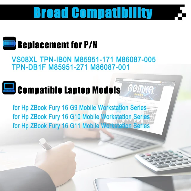 Alt view image 3 of 7 - VS08XL M86087-005 Laptop Battery Replacement for HP ZBook Fury 16 G9 ZBook Fury 16 G10 ZBook Fury 16 G11 Mobile Workstation Series TPN-IB0N M85951-171 TPN-DB1F M85951-271 M86087-001 95Wh