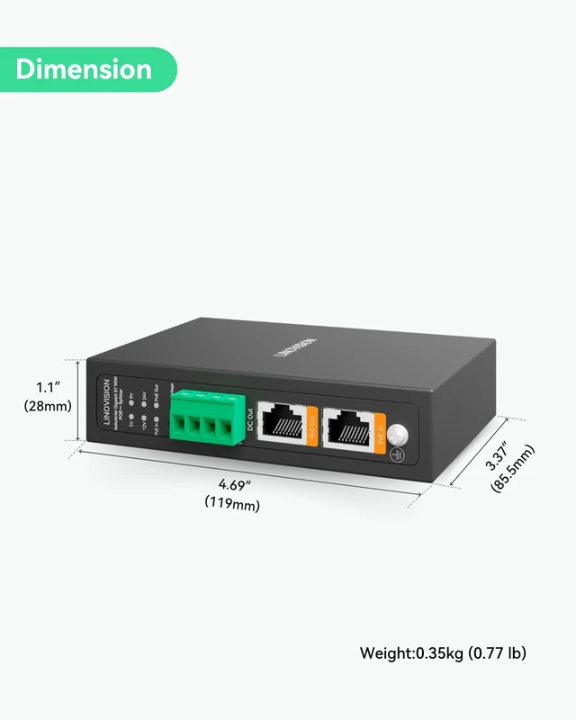 Alt view image 6 of 7 - Industrial Gigabit PoE++ Splitter, 90W 802.3bt to 5/9/12/24V DC Dual Output BT PoE & DC Din Rail Mounting for PTZ Camera, Access Control Systems