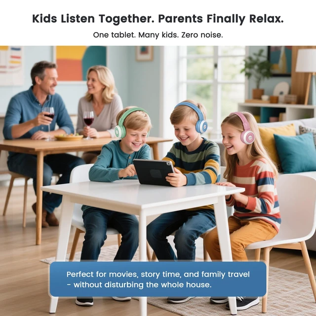 Alt view image 4 of 7 - Manyshare Wireless Kids Headphones with Case & Mic for School,JH714 Share Audio with 100+ Headphones From One Device, Foldable Over-ear Bluetooth Headphones for School, Travel & Group Listening