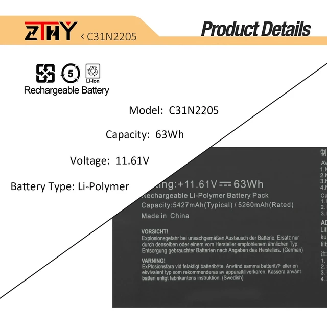 Alt view image 3 of 7 - C31N2205 Battery Replacement for Asus Chromebook CX34 Flip CX3401 CX3401FB CX3401FBA Plus CM34 Flip CM3401 CM3401FF CM3401FFA ExpertBook B3 B3404 B3404CV B3404CVA B3404CVF CX9 CX9400CEA 11.61V 63Wh