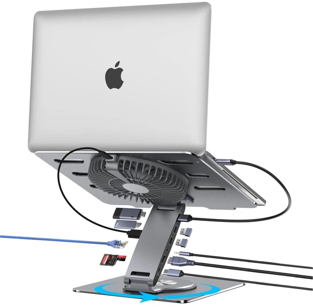 Main image of Laptop Docking Station Stand with Fan Aluminum Laptop Riser with USB-C Hub 11-IN-1 4K60Hz HDMI 100W PD Charging USB3.0 Ethernet Audio TF/SD, 360° Swivel, for MacBook Pro/Air, iPad Pro & Type-C Laptops