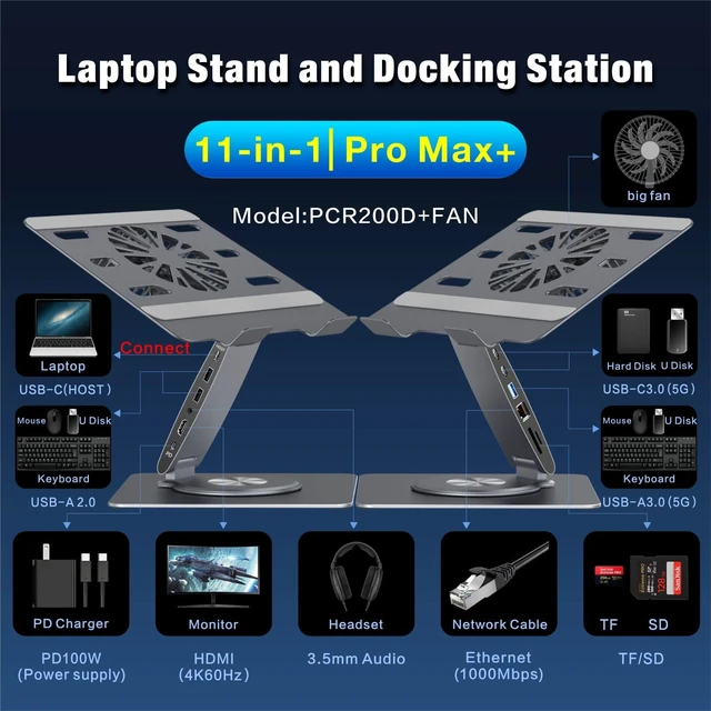 Alt view image 4 of 7 - Laptop Docking Station Stand with Fan Aluminum Laptop Riser with USB-C Hub 11-IN-1 4K60Hz HDMI 100W PD Charging USB3.0 Ethernet Audio TF/SD, 360° Swivel, for MacBook Pro/Air, iPad Pro & Type-C Laptops