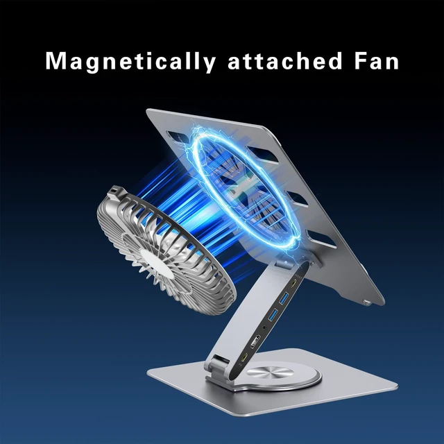 Alt view image 5 of 7 - Laptop Docking Station Stand with Fan Aluminum Laptop Riser with USB-C Hub 11-IN-1 4K60Hz HDMI 100W PD Charging USB3.0 Ethernet Audio TF/SD, 360° Swivel, for MacBook Pro/Air, iPad Pro & Type-C Laptops