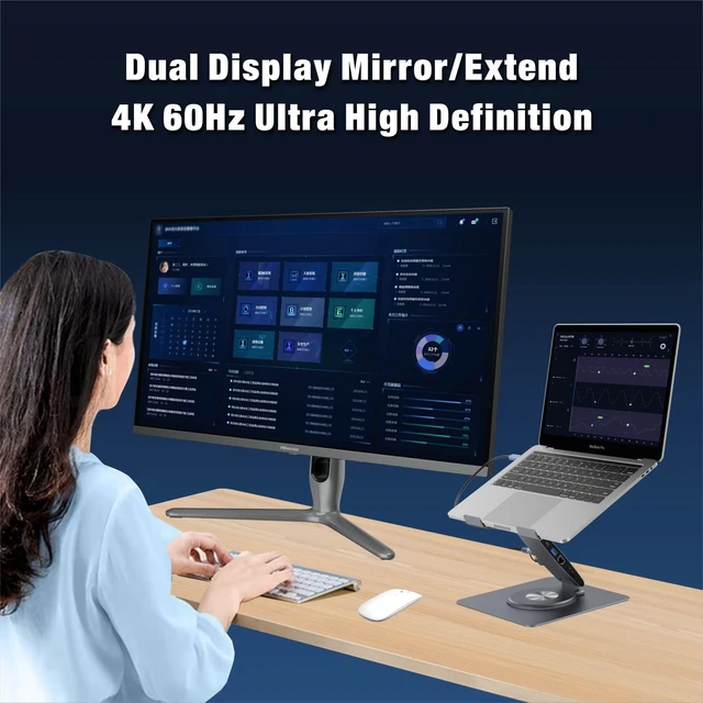Alt view image 7 of 7 - Laptop Docking Station Stand with Fan Aluminum Laptop Riser with USB-C Hub 11-IN-1 4K60Hz HDMI 100W PD Charging USB3.0 Ethernet Audio TF/SD, 360° Swivel, for MacBook Pro/Air, iPad Pro & Type-C Laptops