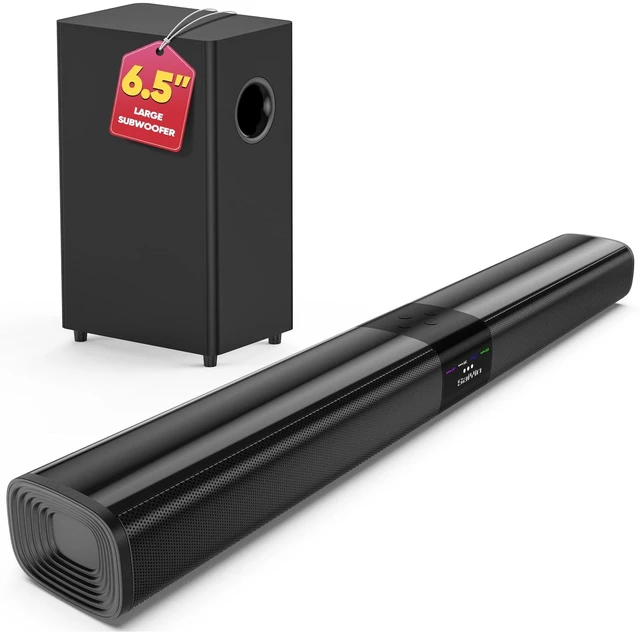 Main image of Detachable Sound Bar with 6.5" Subwoofer, 10-Level Adjustable Bass 24.1" Soundbar, 2.1Ch 100W Surround Sound System for TV, TV Soundbar with Optical, TV-ARC, Auxiliary and Bluetooth 5.3 Inputs