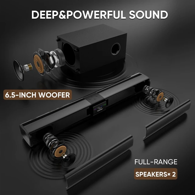 Alt view image 3 of 6 - Detachable Sound Bar with 6.5" Subwoofer, 10-Level Adjustable Bass 24.1" Soundbar, 2.1Ch 100W Surround Sound System for TV, TV Soundbar with Optical, TV-ARC, Auxiliary and Bluetooth 5.3 Inputs