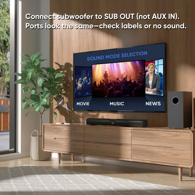Alt view image 4 of 6 - Detachable Sound Bar with 6.5" Subwoofer, 10-Level Adjustable Bass 24.1" Soundbar, 2.1Ch 100W Surround Sound System for TV, TV Soundbar with Optical, TV-ARC, Auxiliary and Bluetooth 5.3 Inputs