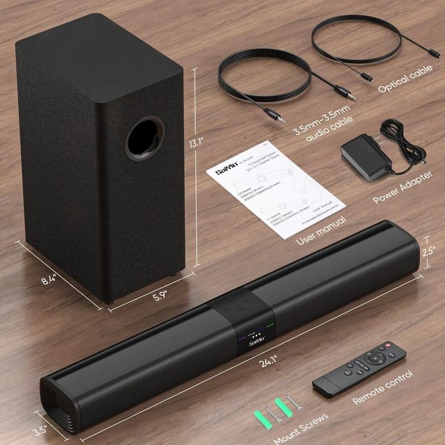 Alt view image 6 of 6 - Detachable Sound Bar with 6.5" Subwoofer, 10-Level Adjustable Bass 24.1" Soundbar, 2.1Ch 100W Surround Sound System for TV, TV Soundbar with Optical, TV-ARC, Auxiliary and Bluetooth 5.3 Inputs