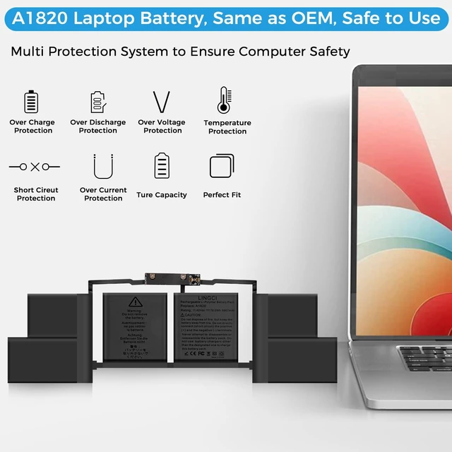 Alt view image 4 of 7 - A1707 Battery,A1820 Battery Replacement for MacBook Pro A1707 (2016, 2017) 15-inch A1820 EMC 3072 EMC 3162 (Upgraded High Performance 11.4V 78Wh 6667mAh)