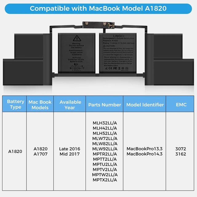 Alt view image 3 of 7 - A1707 Battery,A1820 Battery Replacement for MacBook Pro A1707 (2016, 2017) 15-inch A1820 EMC 3072 EMC 3162 (Upgraded High Performance 11.4V 78Wh 6667mAh)