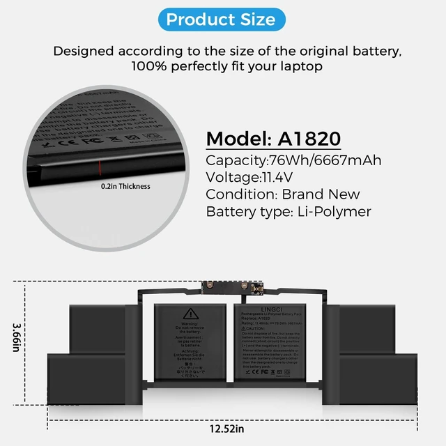 Alt view image 5 of 7 - A1707 Battery,A1820 Battery Replacement for MacBook Pro A1707 (2016, 2017) 15-inch A1820 EMC 3072 EMC 3162 (Upgraded High Performance 11.4V 78Wh 6667mAh)