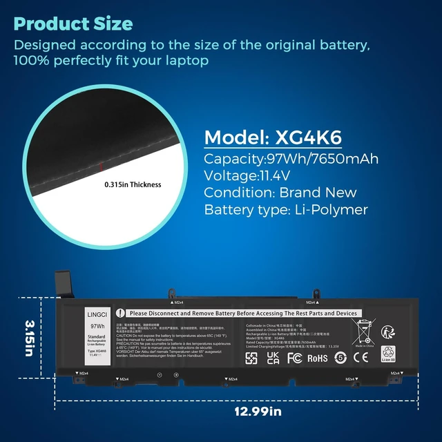 Alt view image 4 of 7 - XG4K6 Replacement Battery for Dell Precision 5750 5760 5770 XPS 17 9700 9710 9720 9730 Series Notebook P92F001 P92F002 P92F003 01RR3 F8CPG -11.4V 97Wh