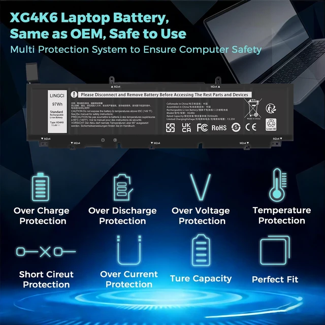 Alt view image 3 of 7 - XG4K6 Replacement Battery for Dell Precision 5750 5760 5770 XPS 17 9700 9710 9720 9730 Series Notebook P92F001 P92F002 P92F003 01RR3 F8CPG -11.4V 97Wh