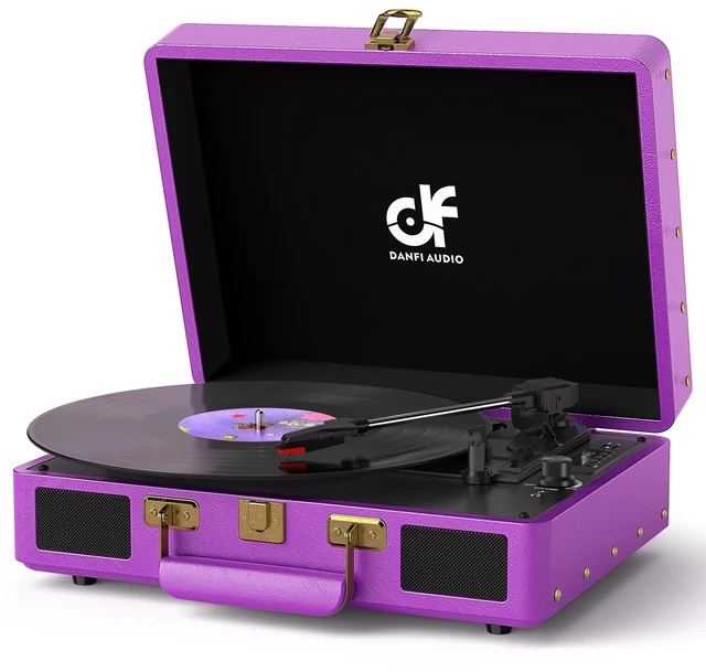 Main image of Vintage Bluetooth Suitcase Record Player with Built-in Speakers, 3 Speed Portable Turntable with USB Vinyl Audio Recorder RCA AUX-in & Headphone Jack, Deep Purple