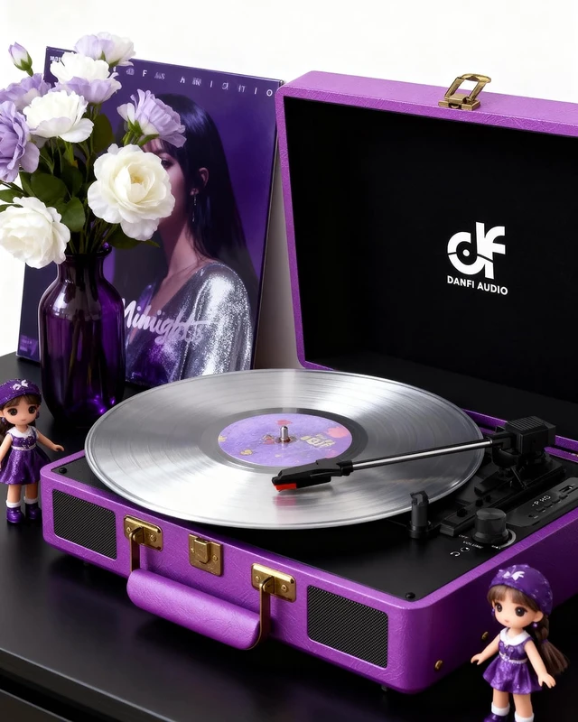 Alt view image 2 of 7 - Vintage Bluetooth Suitcase Record Player with Built-in Speakers, 3 Speed Portable Turntable with USB Vinyl Audio Recorder RCA AUX-in & Headphone Jack, Deep Purple