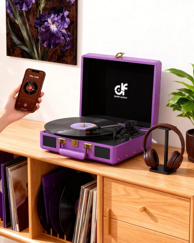 Alt view image 4 of 7 - Vintage Bluetooth Suitcase Record Player with Built-in Speakers, 3 Speed Portable Turntable with USB Vinyl Audio Recorder RCA AUX-in & Headphone Jack, Deep Purple
