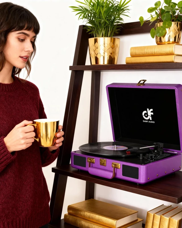 Alt view image 7 of 7 - Vintage Bluetooth Suitcase Record Player with Built-in Speakers, 3 Speed Portable Turntable with USB Vinyl Audio Recorder RCA AUX-in & Headphone Jack, Deep Purple