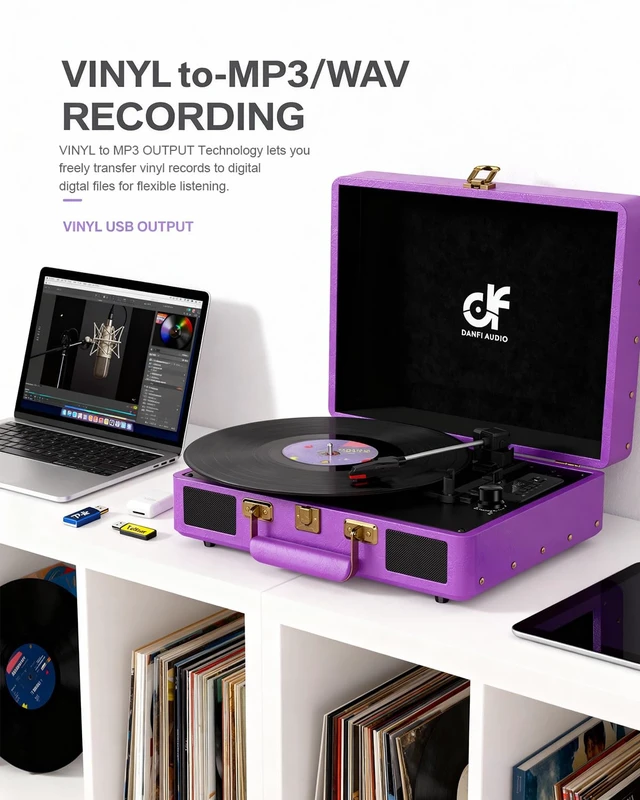 Alt view image 5 of 7 - Vintage Bluetooth Suitcase Record Player with Built-in Speakers, 3 Speed Portable Turntable with USB Vinyl Audio Recorder RCA AUX-in & Headphone Jack, Deep Purple