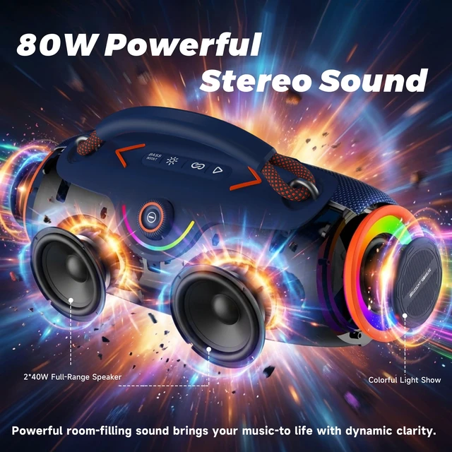 Alt view image 2 of 7 - Portable Bluetooth Speakers, 80W Wireless Outdoor Speakers, Blue IPX6 Waterproof, Bluetooth 5.3, Bass Boost, 24H Playtime, 8000mAh, RGB Lights, TWS Pairing for Party, Camping, Beach & Pool