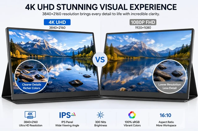 Alt view image 2 of 7 - 13.3Inch Portable Monitor, 60Hz, 100% sRGB, FHD 4K(3840×2160) 13.3-inch, 60Hz, 100% sRGB, FHD 4K, Compatible with PS4, PS3, Xbox One, Switch, Laptops, and Other Devicesortable monitor